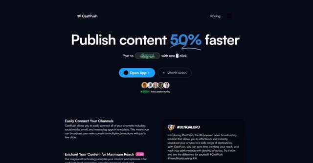 Castpush - AI-powered news broadcasting solution for quick and efficient article distribution across multiple channels.
