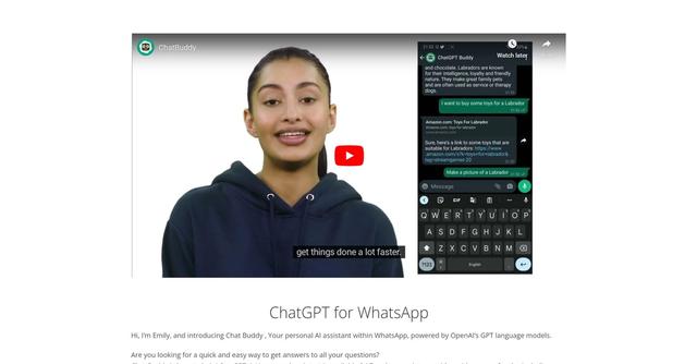 Chatbuddy - AI-powered assistant available on WhatsApp that helps with various tasks, including answering questions, generating text and images, translation, web searching, and more.