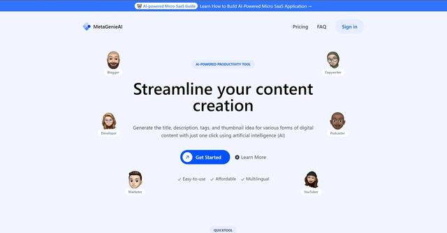 MetagenieAI - AI-powered web application that generates optimized metadata for digital content, including SEO-friendly titles, descriptions, tags, and thumbnail ideas.