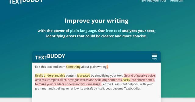 TextBuddy - Online writing assistant that uses AI and plain language to help writers create clear and concise content.