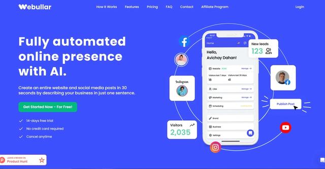 Webullar - Webullar is a website generator that allows users to create full-featured websites in just 30 seconds with a simple one-sentence description of their business.