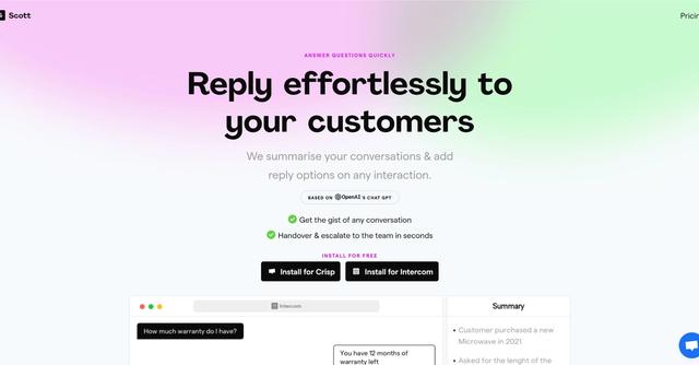 Scott - AI-generated conversation and reply tool for quick and accurate customer inquiries.