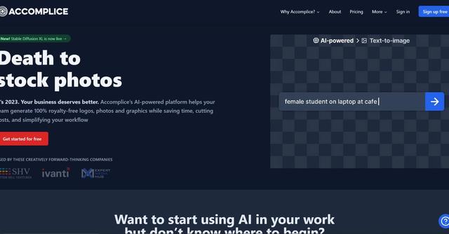 Accomplice - Accomplice is a platform that simplifies logo, photo, and graphic generation for teams, providing royalty-free content and cutting costs while saving time.