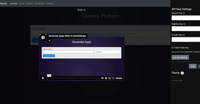 IntelliNode - Content Platform is an AI tool that allows users to generate images, text, or websites using OpenAI and Google models.