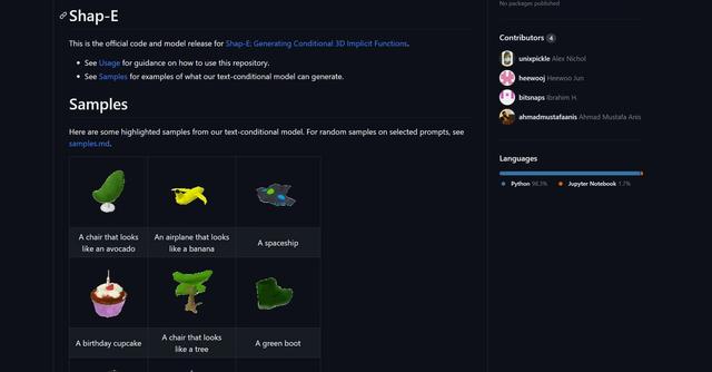 Shap-e - The GitHub repository openai/shap-e is an AI tool that can generate 3D objects based on either text or images.