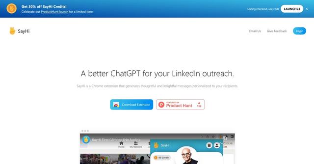 SayHI - SayHi is an AI-powered Chrome extension that assists users in writing personalized and persuasive LinkedIn messages tailored to their recipients, suitable for various professional activities.