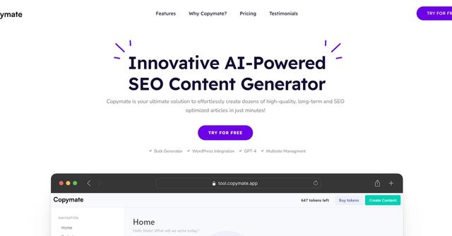 Copymate - Generate High-Quality, SEO-Optimized Content with AI-Powered Assistance.