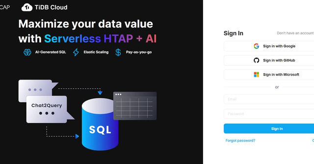 Tidb - Maximize your data value with Serverless HTAP + AI and AI-Generated SQL.