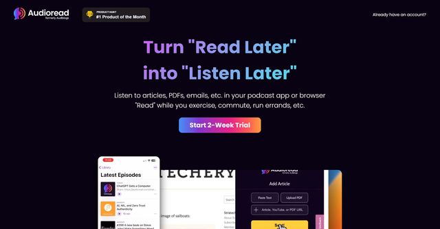 Audioread.com - Listen to articles, PDFs, emails, YouTube in your podcast player