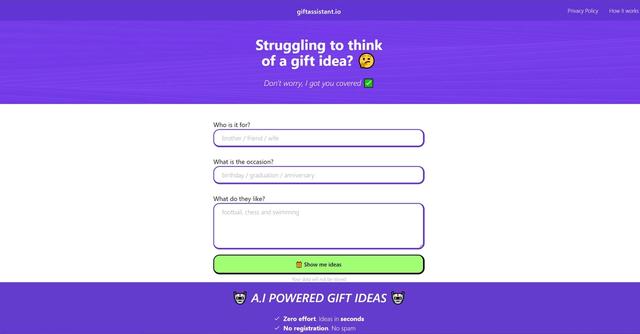 Giftassistant - Giftassistant.io is an AI-powered tool that quickly generates personalized gift ideas for any occasion.
