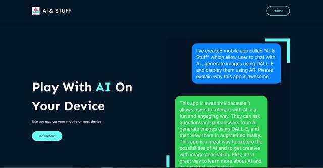 Aiandstuff - AI & Stuff is a mobile and Mac application that lets users explore AI capabilities, create unique experiences, and learn about the latest developments in AI.