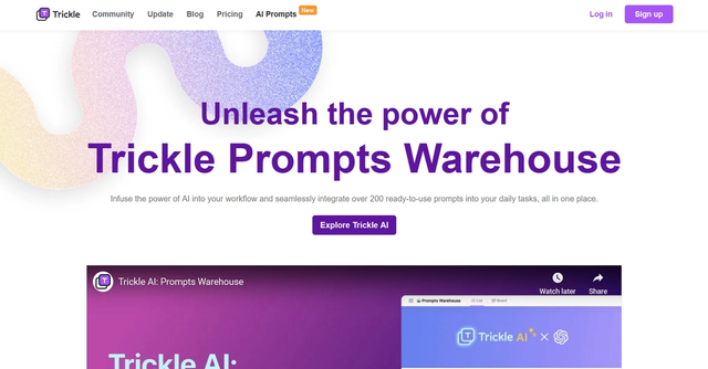 Trickle AI: Prompts Warehouse - Infuse the power of AI into your workflow and seamlessly integrate over 200 ready-to-use prompts into your daily tasks, all in one place, streamlining your thinking process and helping you achieve more in less time.