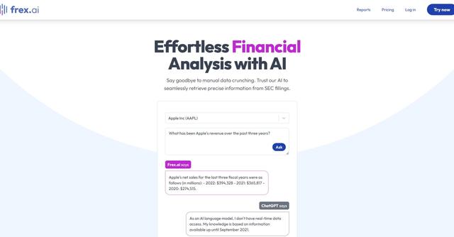 Frex.ai - Frex.ai is an AI-powered financial analysis tool designed to empower users with real-time SEC data, dynamic charts, graphs and professional reports.