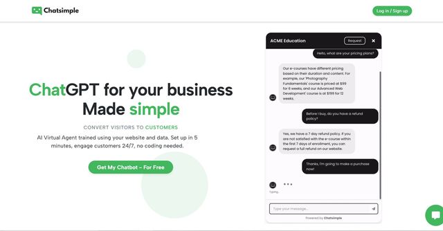 Chatsimple - Custom ChatGPT chatbot trained on your business made simple.