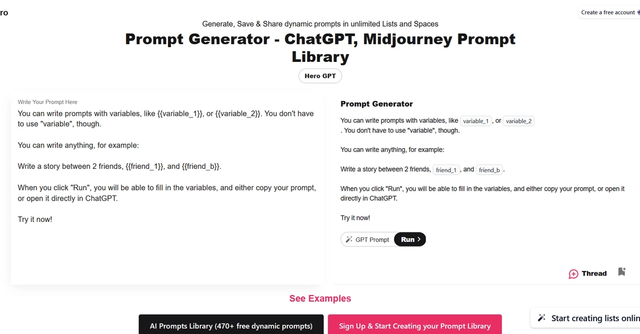 HeroGPT - Generate, Save & Share dynamic ChatGPT, Midjourney prompts in unlimited Lists and Spaces