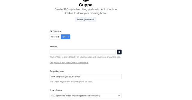 Cuppa - Generated SEO blog posts with GPT tech.