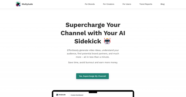 Multytude - Multytude for Creators is a tool that assists content creators in generating content ideas, analyzing live chats, summarizing comments, and identifying mentioned brands within seconds.