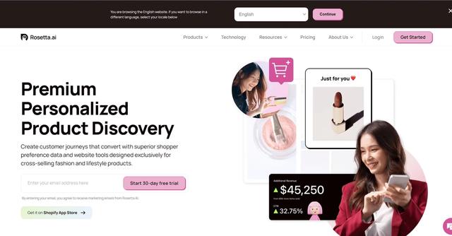 Rosetta.ai - Rosetta.ai is a 1-to-1 personalization platform that utilizes AI-driven visual recognition and specialized personalization tools to help ecommerce businesses increase sales and conversions.
