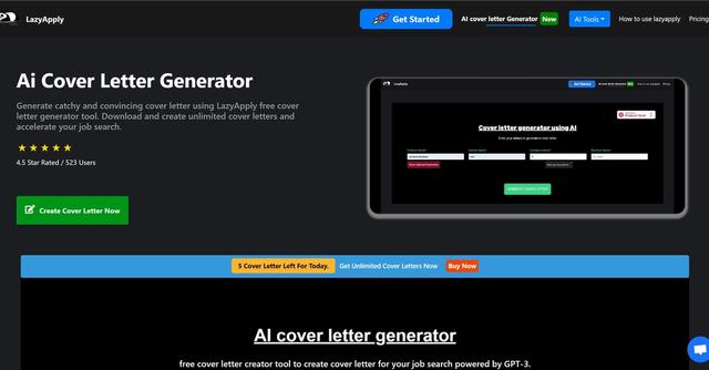 LazyApply - AI Cover Letter Generator by LazyApply is an automated tool that helps jobseekers create personalized and professional cover letters quickly and easily.