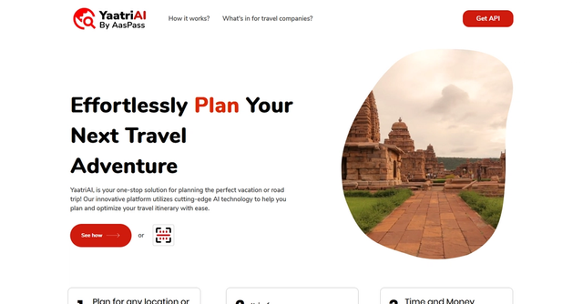 YaatriAI - YaatriAI by AasPass is a travel planning platform that incorporates advanced AI technology to provide personalized recommendations for accommodations, activities, and transportation to make travel planning easier for users.