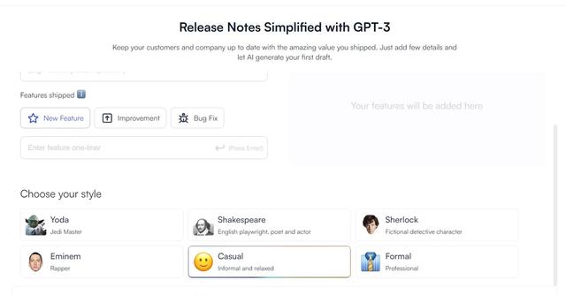 ReleaseNote.AI - Automate release notes with GPT-3; write in Yoda, Sherlock, Eminem styles.
