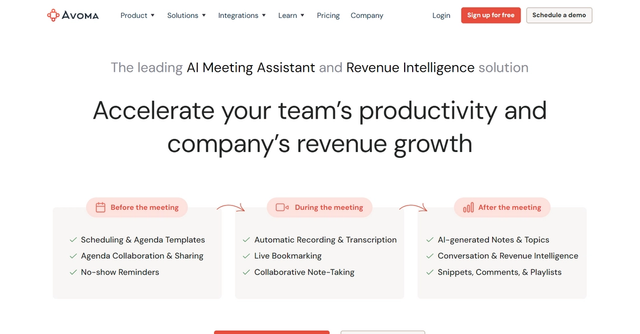Avoma - Avoma is an AI Meeting Assistant designed to enhance meeting productivity and efficiency by automatically transcribing, summarizing, and analyzing every meeting.