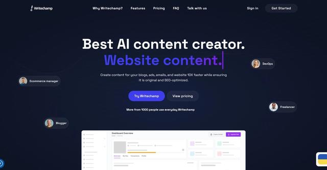 Writechamp - Create content for your blogs, ads, emails, and website 10X faster while ensuring it is original and SEO-optimized.