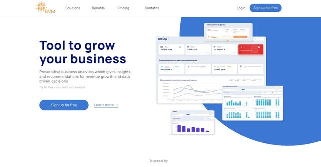 BVM - Prescriptive business analytics tool for revenue growth, data-driven decisions, and integrations with popular services.