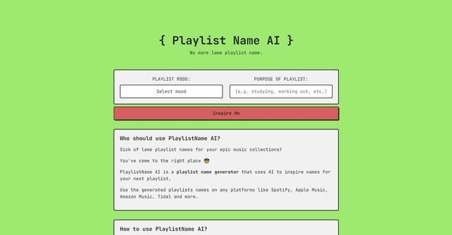 PlaylistName AI - Design engaging music playlist names with the mood-specific PlaylistName AI generator