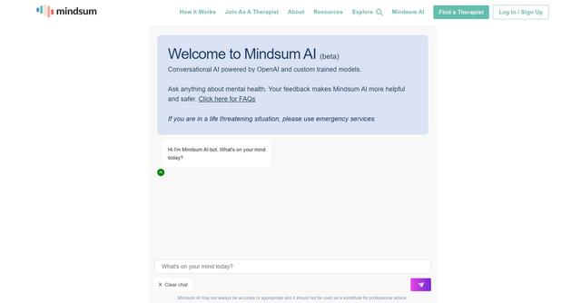Mindsum AI - Mental health conversation assistant.