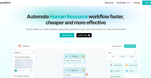 Questflow - Make AI-native workflow automations with no code for both on-chain and off-chain tasks and transactions