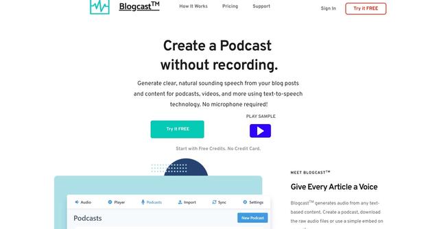 Blogcast™ - AI-powered diverse voices and languages, with no recording.