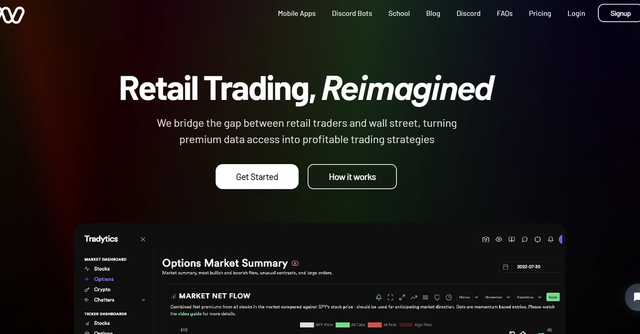 Tradytics - Tradytics is a trading toolkit designed for retail traders, offering comprehensive trade ideas, live options flow, scanners, market and ticker dashboards, long-term portfolios, and technical analysis tools