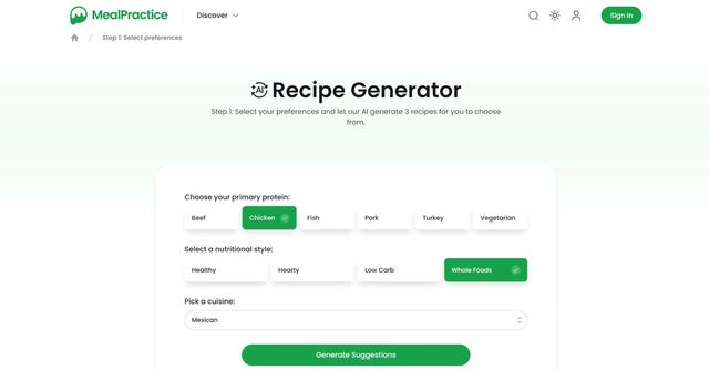 MealPractice - Generated recipes for personalized meal planning.