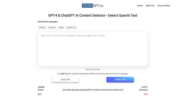 ZeroGPT - Differentiates human vs. synthetic text.