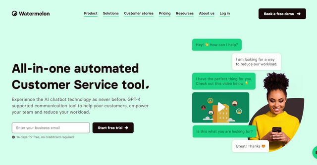 Watermelon - Watermelon is a conversational AI platform that leverages GPT-4 technology to help businesses improve their customer service through personalized chatbots.