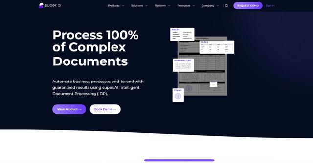 Super - Super.AI's IDP tool is an end-to-end business process automation solution that leverages artificial intelligence to handle unstructured data types such as documents, images, videos, audio, and text.