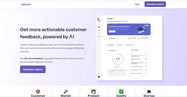 Tabnam - Transforms feedback surveys by using an AI bot to collect customer feedback through text messages and WhatsApp, resulting in significantly higher submission rates.