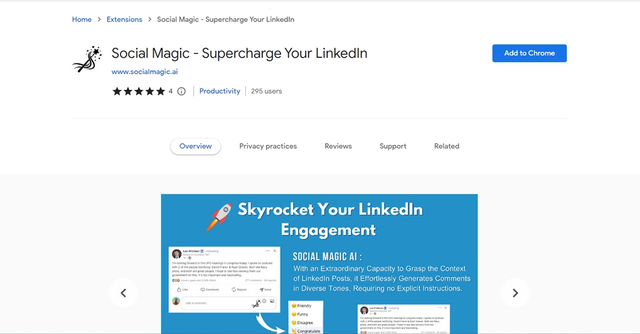 Social Magic - Enhances LinkedIn engagement by offering AI-enhanced networking, an intelligent response generator, AI-powered posting, and forthcoming AI messaging features.