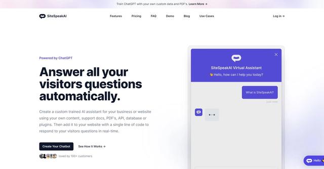 SiteSpeakAI - Provide real-time responses to customer inquiries about products and services, operating 24/7 to enhance engagement, generate leads, and boost sales.