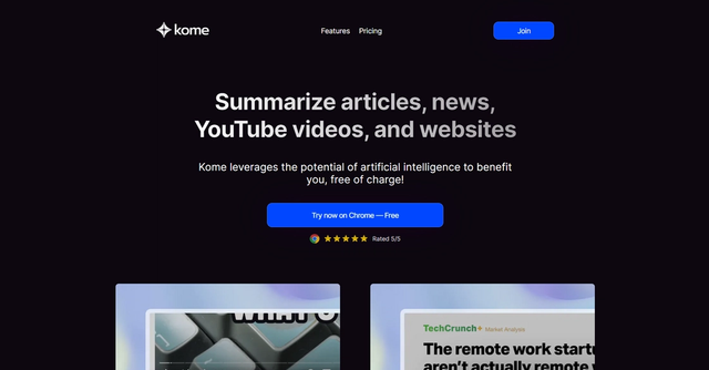 Kome Summarizer - Swiftly summarizes articles, YouTube videos, and websites, providing users with essential insights and saving them valuable time.