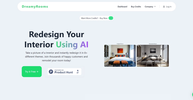 DreamyRooms - Enables users to effortlessly redesign any room by applying various design themes to uploaded pictures.