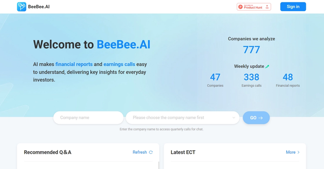 BeeBee AI - Financial reports and earnings calls become easily understandable with key insights for everyday investors.