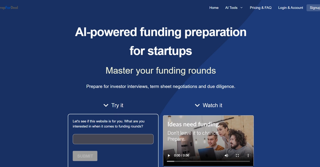 PrepForDeal - Assists founders in preparing for crucial stages, such as investor interviews, term sheet negotiations, and due diligence, by providing tailored recommendations and suggestions to improve their odds of securing funding.