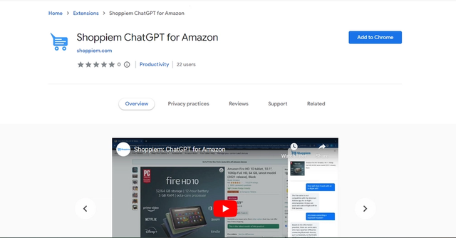 Shoppiem ChatGPT for Amazon - Offers instant answers to product questions while shopping on Amazon, helping users save time and make informed purchasing decisions.