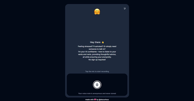 Venty.chat - AI tool providing a safe space for users to express thoughts and rants, offering active listening, empathy, and thoughtful replies without judgment.