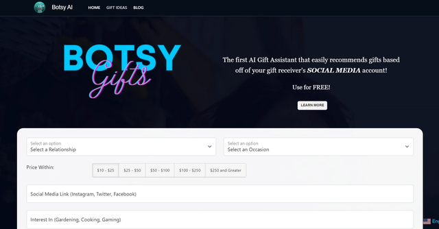 Botsy AI - Recommends top-rated gifts from Amazon.com based on the recipient's interests and preferences.