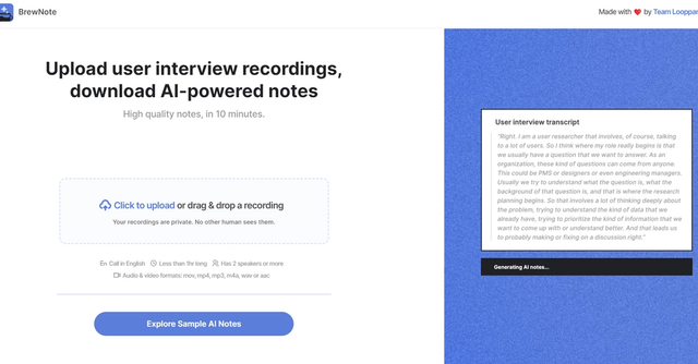 BrewNote - User research tool that converts interview recordings into actionable insights using AI-generated notes.