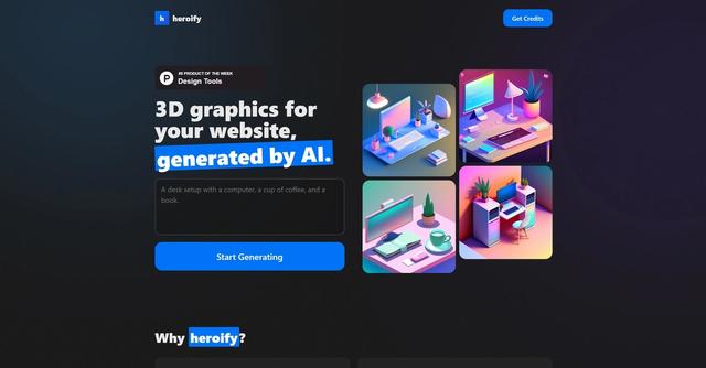 Heroify - Generate high-quality 3D graphics for landing pages.