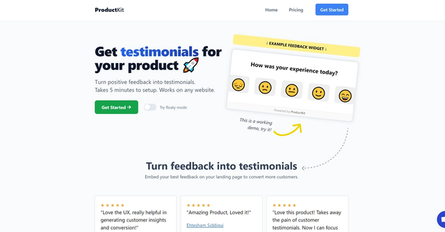 ProductKit - Helps businesses quickly collect and showcase customer testimonials on their website, boosting trust and conversion rates.
